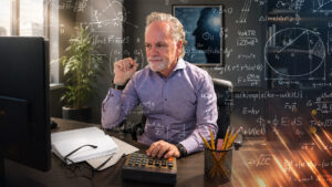 Tony Sarsam at his desk with a pencil and legal pad, surrounded by equations, working the math before turning technology loose