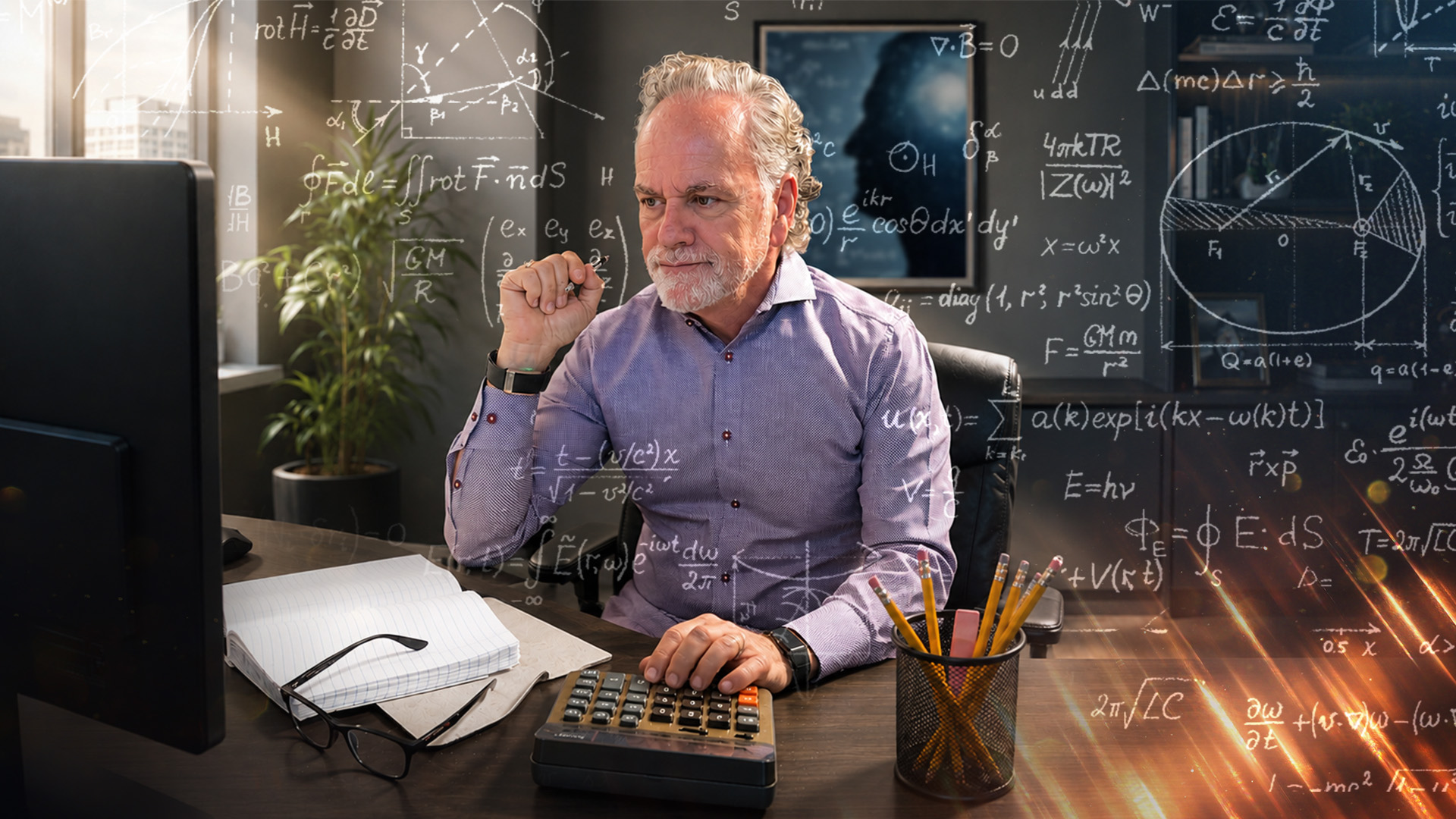 Tony Sarsam at his desk with a pencil and legal pad, surrounded by equations, working the math before turning technology loose