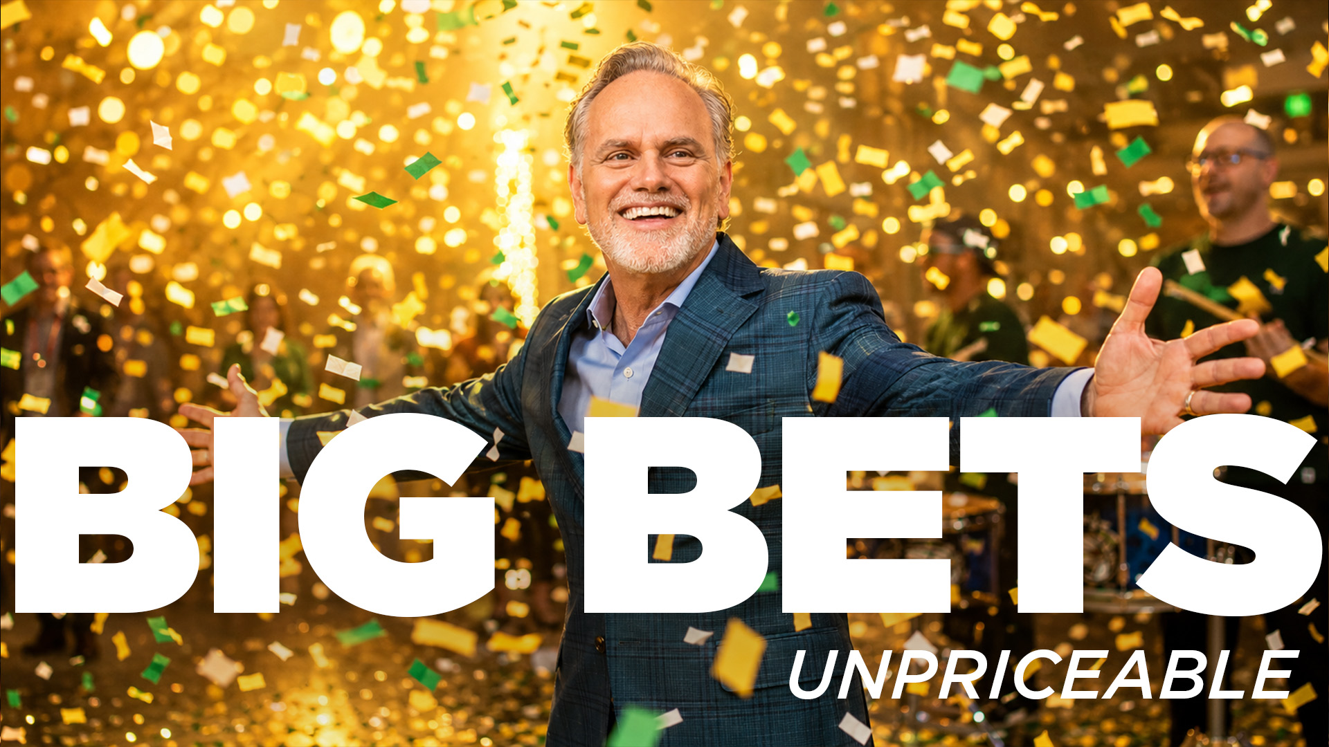 Tony Sarsam, arms spread wide and smiling, in a navy plaid blazer amid a shower of gold and green confetti at a company celebration, beneath large type reading "Big bets. So big, they defy odds."